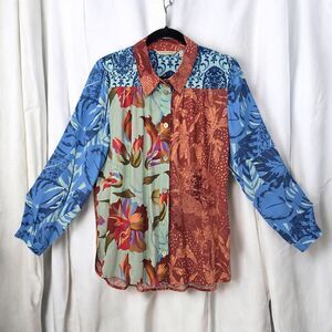 Soft Surroundings Shirt Woman‎ PL Patchwork Floral Button Down Tropical Boho Art
